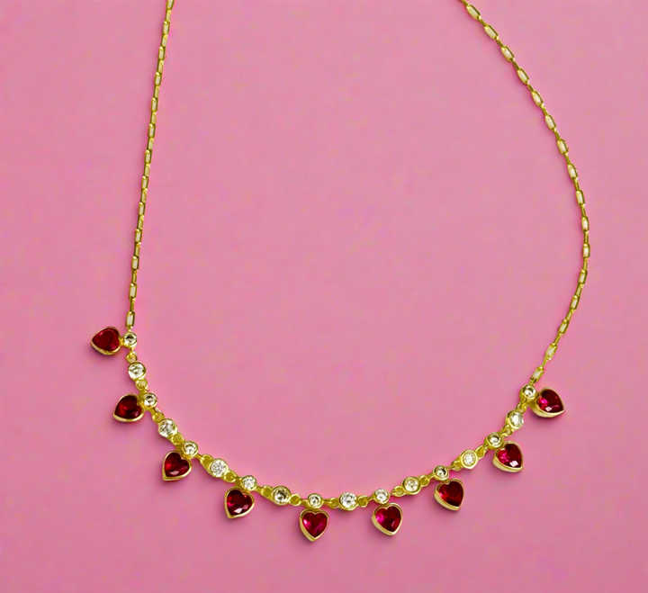 Ruby like Sterling Silver 14k plated gold heart charm necklace
