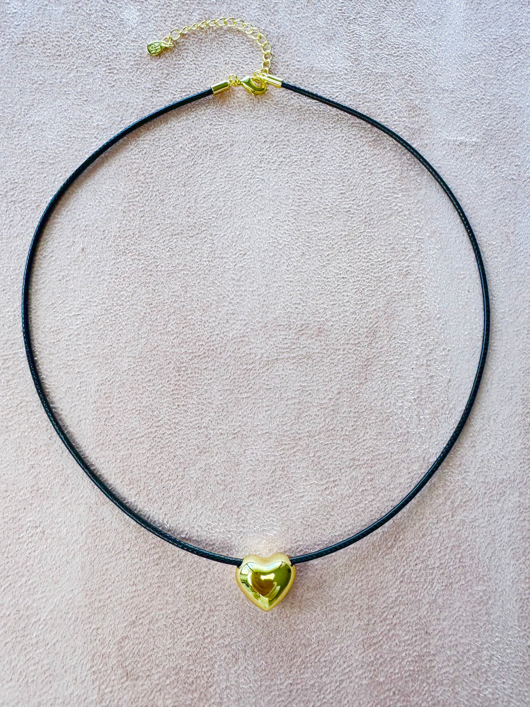 Leather Cord with small puffed heart brass charm 16 inch with 2 inch extender Necklace I8KY Plated Brass