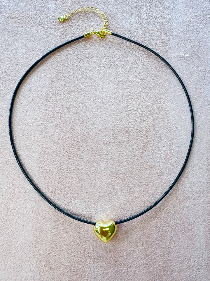 Leather Cord with small puffed heart brass charm 16 inch with 2 inch extender Necklace I8KY Plated Brass