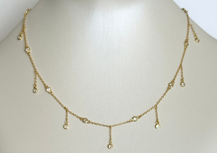 Bezel Drop Choker Necklace Sterling Silver 14KY plated