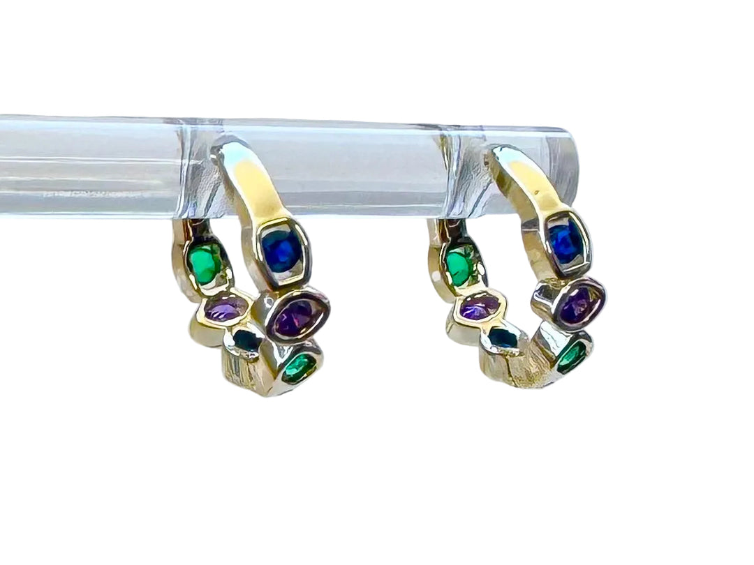Multicolor Bezel Sterling Silver 14 Karat Gold plated Hoop Earring