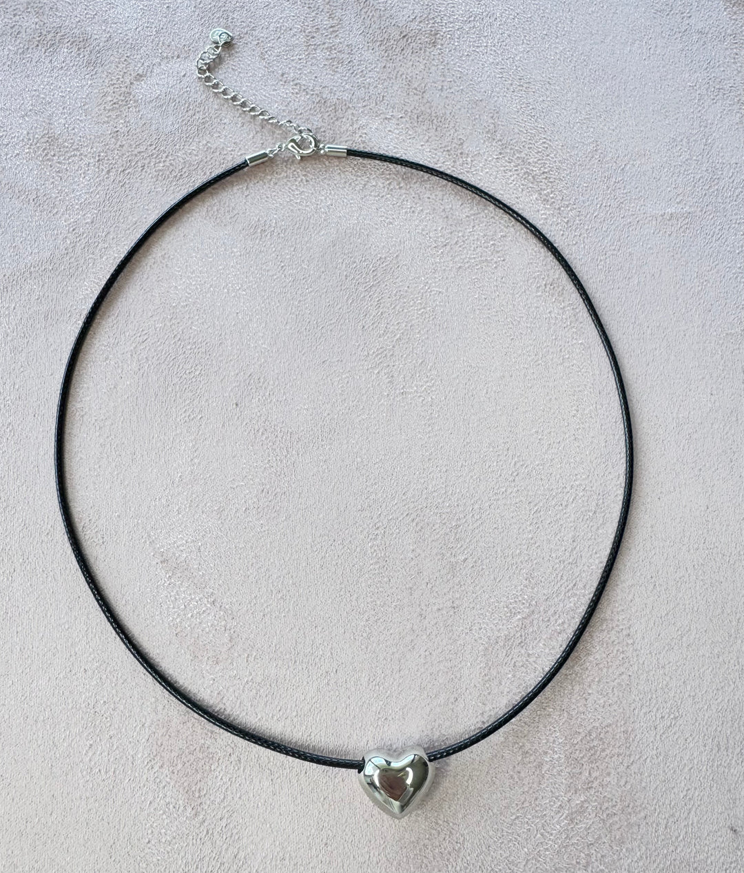 Leather Cord with puffed small heart silver brass charm 16 inch with 2 inch extender Necklace.