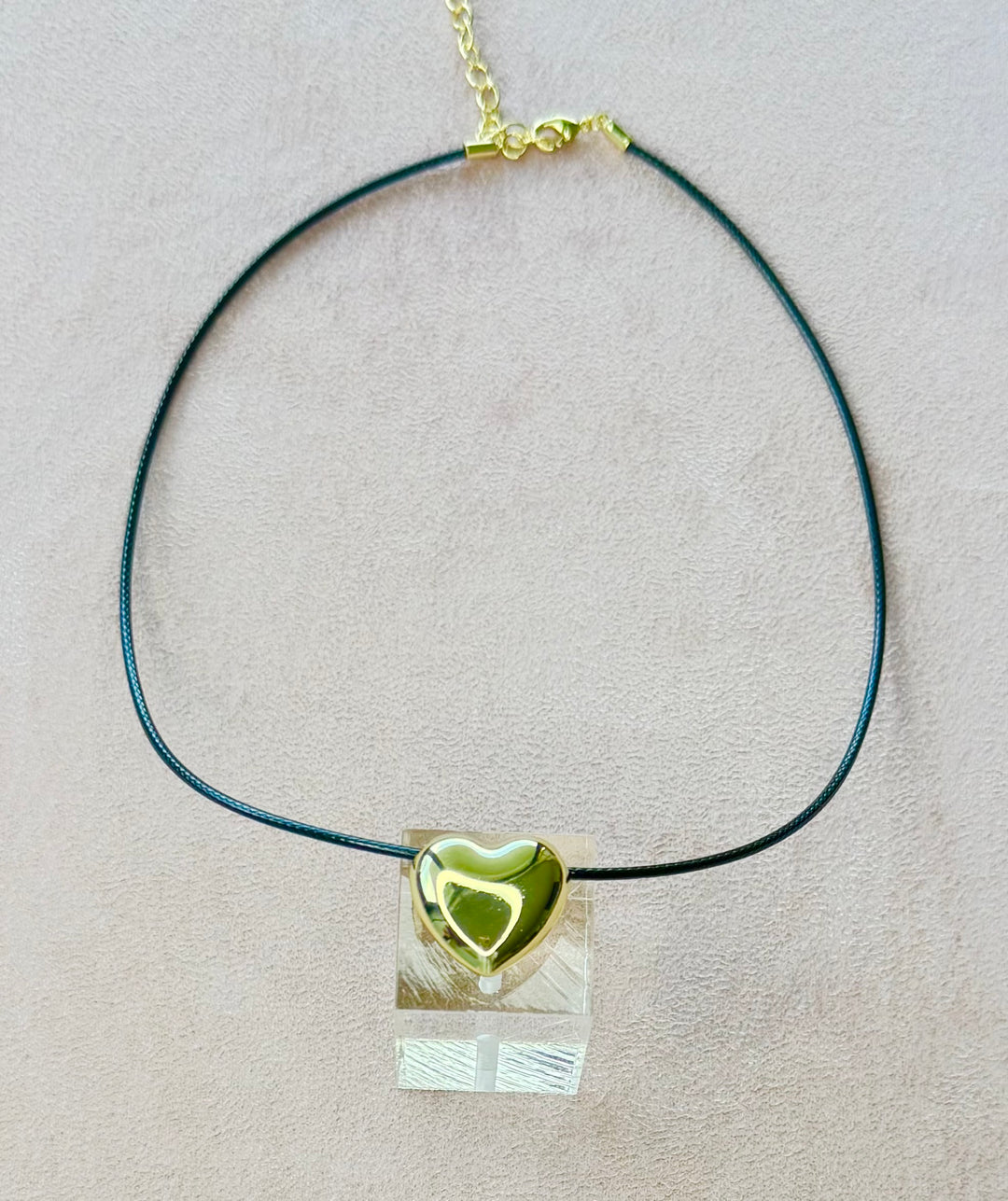 Leather Cord with large  puffed heart brass charm 16 inch with 2 inch extender Necklace I8KY Plated Brass