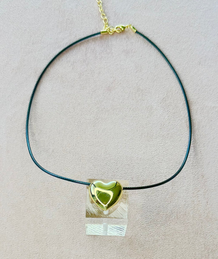 Leather Cord with large  puffed heart brass charm 16 inch with 2 inch extender Necklace I8KY Plated Brass