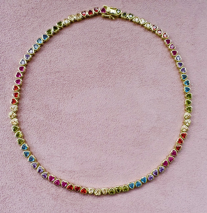 Rainbow Heart bezel link cz tennis link necklace 16 inch Brass