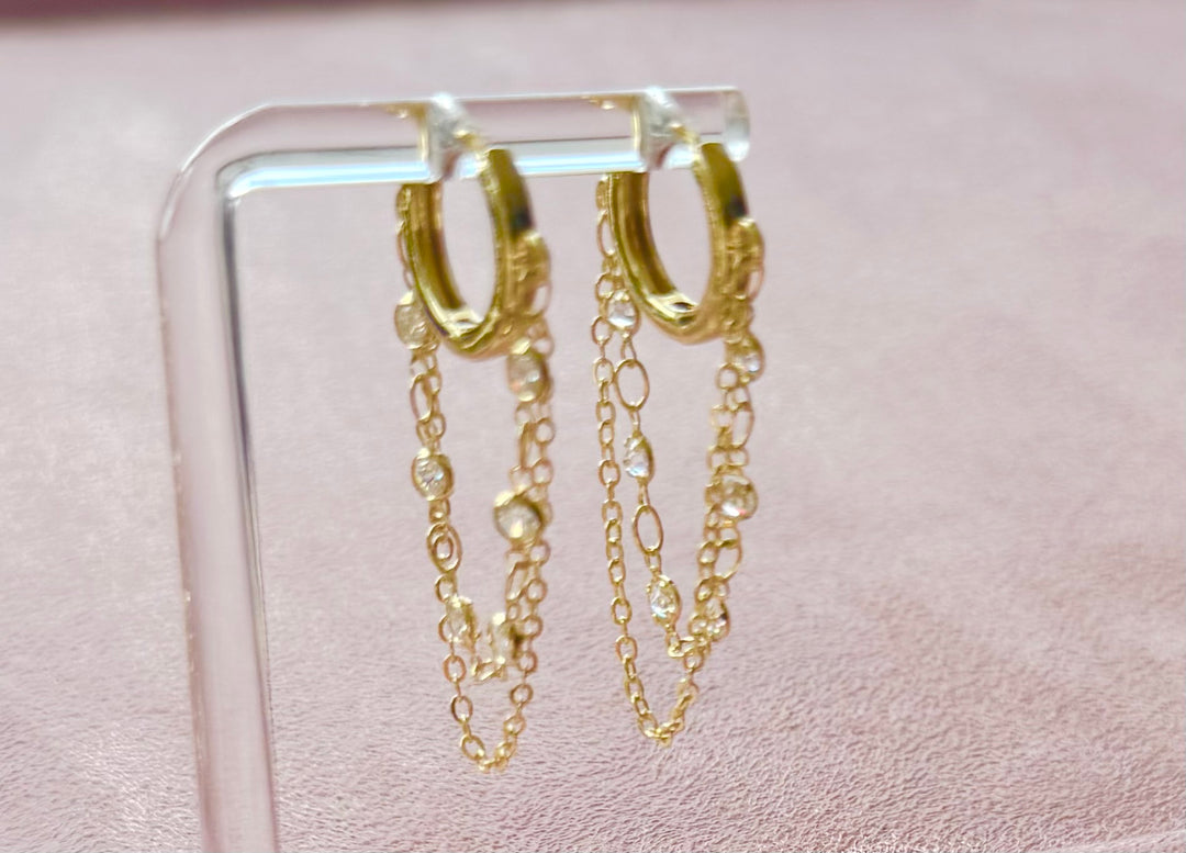 Brass 18K gold plated bezel chain Huggie Earrings