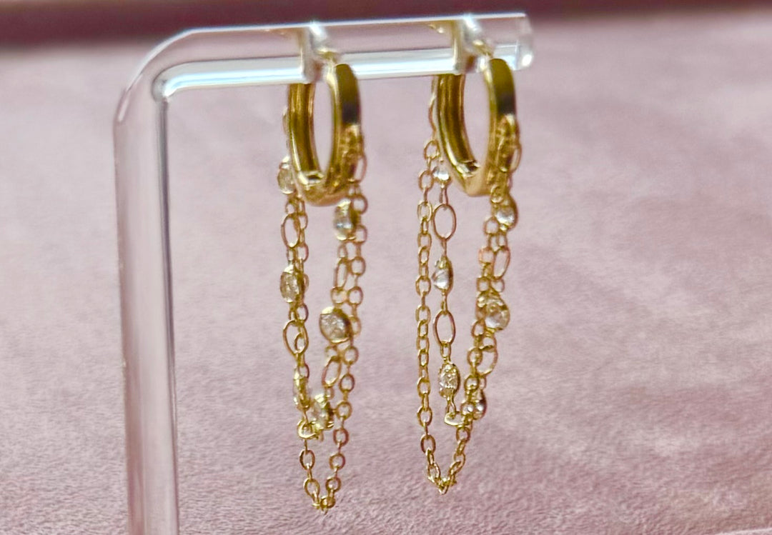 Brass 18K gold plated bezel chain Huggie Earrings