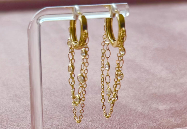 Brass 18K gold plated bezel chain Huggie Earrings