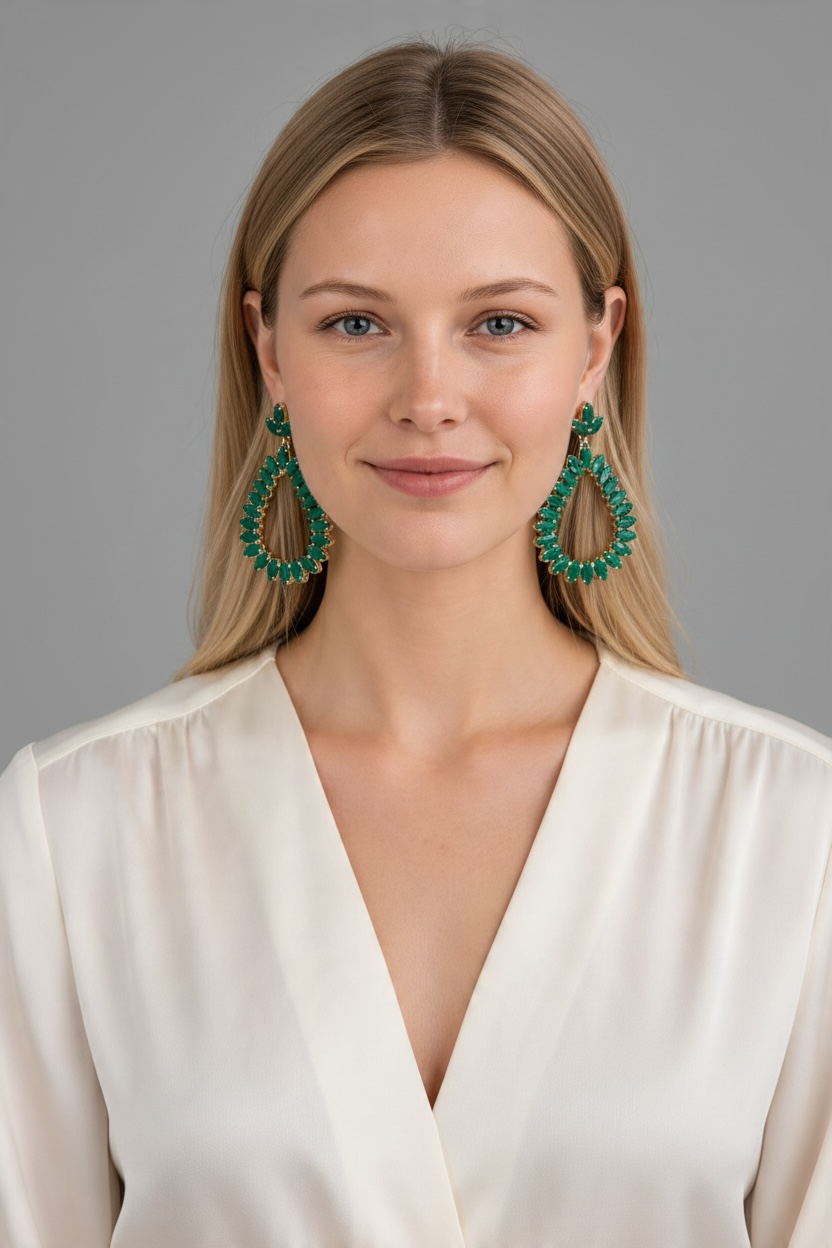 Green Stone Drop Earrings Set Brass 18K Gold plated