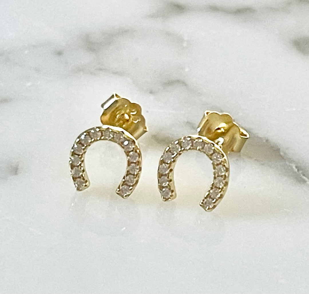 E062 Lucky Horse Shoe CZ Earrings Sterling Silver Gold Plated