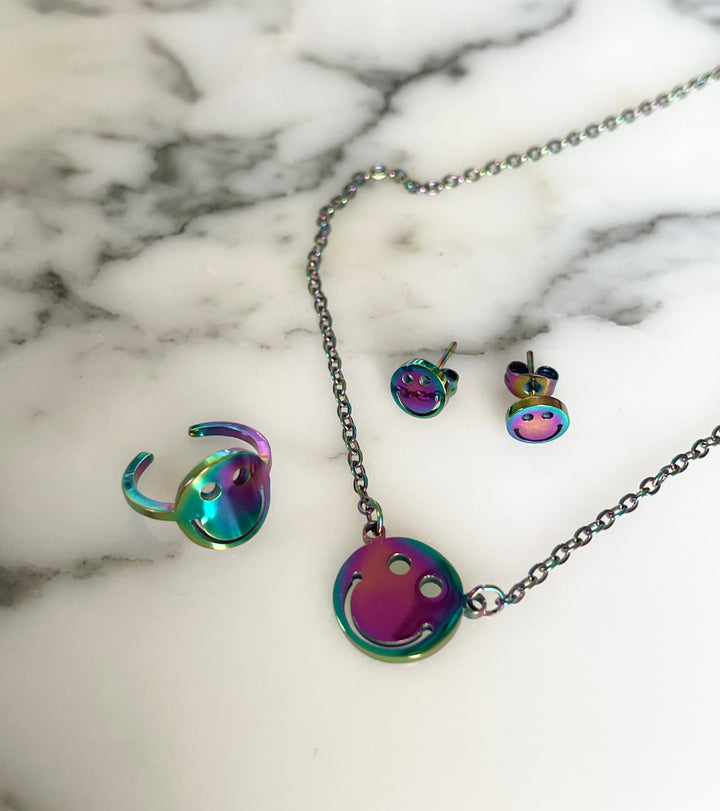 SME001 Rainbow Stainless Steel Smiley Earrings